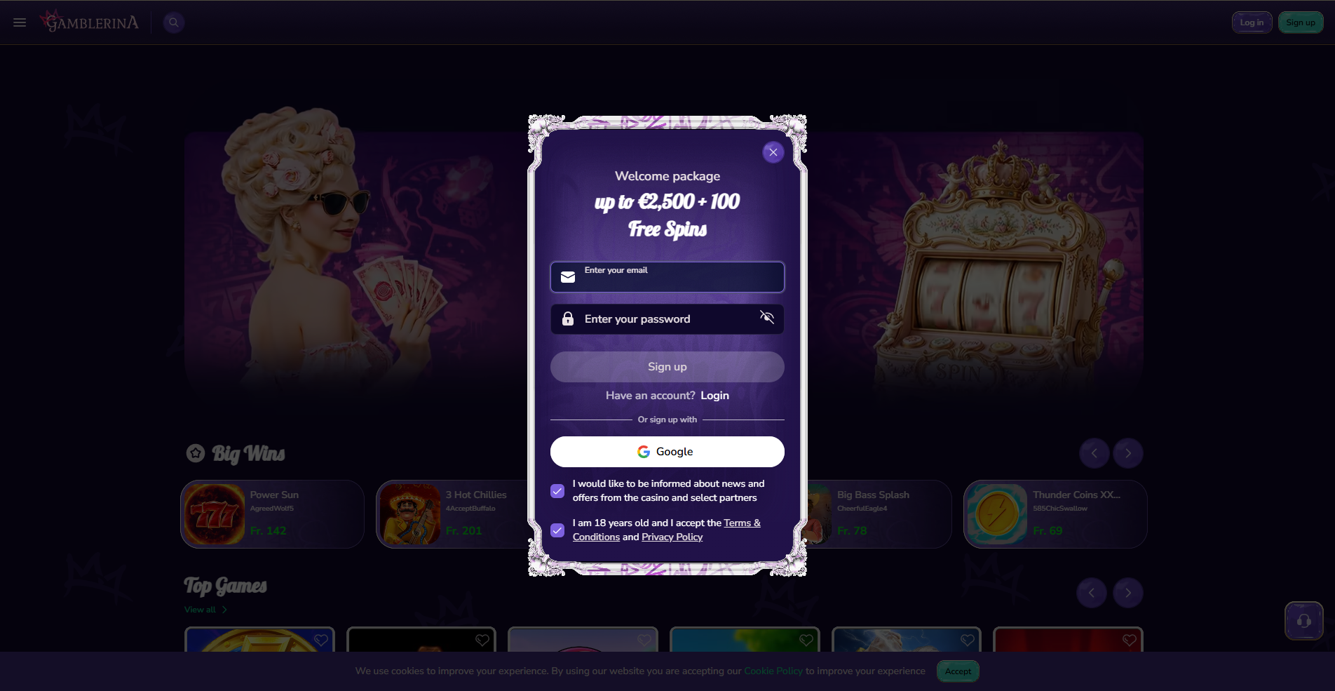 Gamblerina registration screen