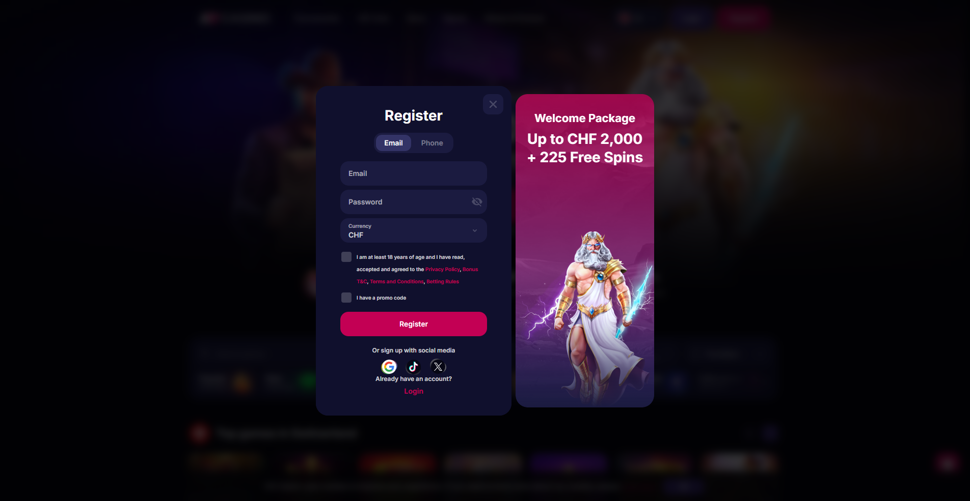 NV Casino registration screen