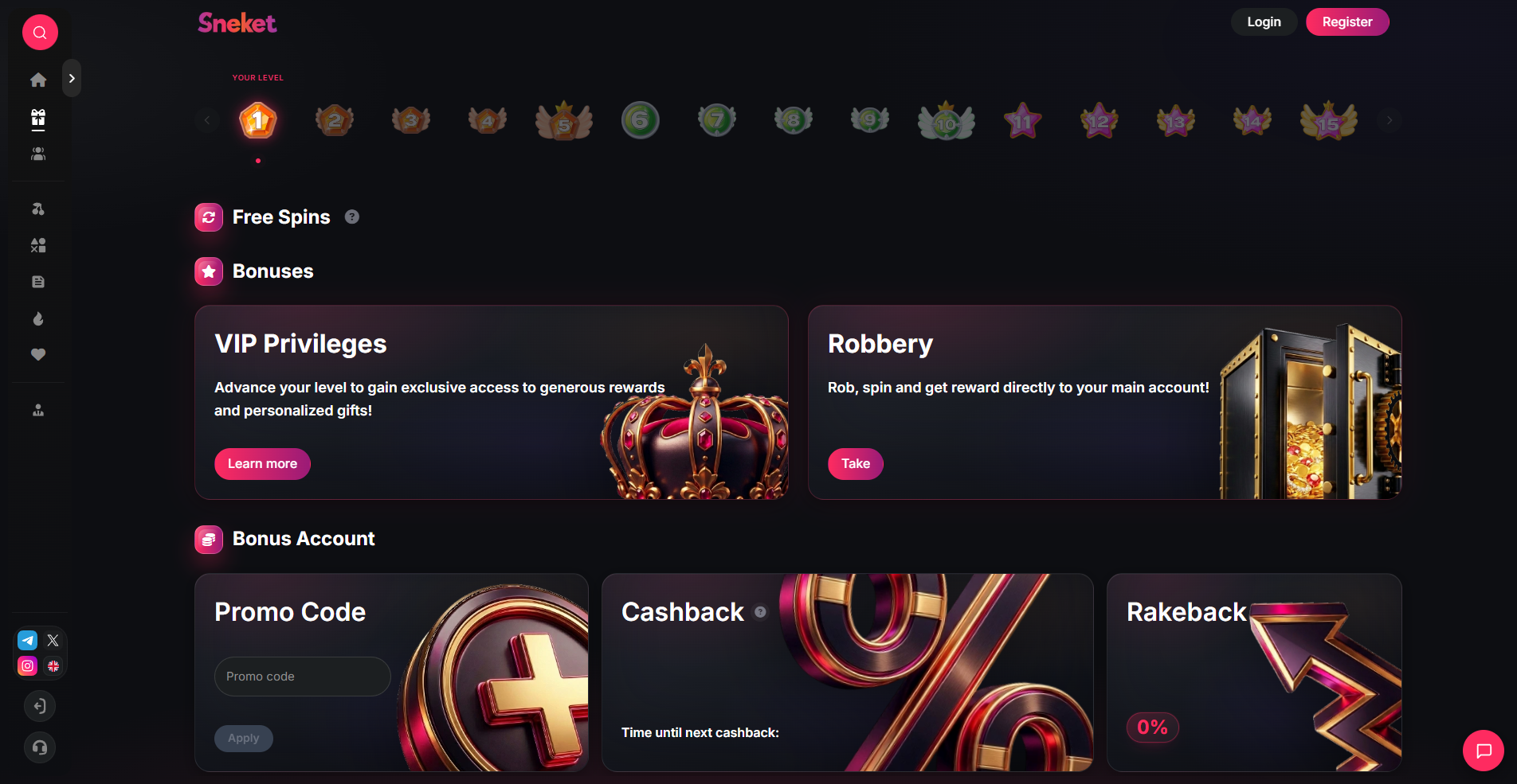 Sneket Casino bonus page screenshot