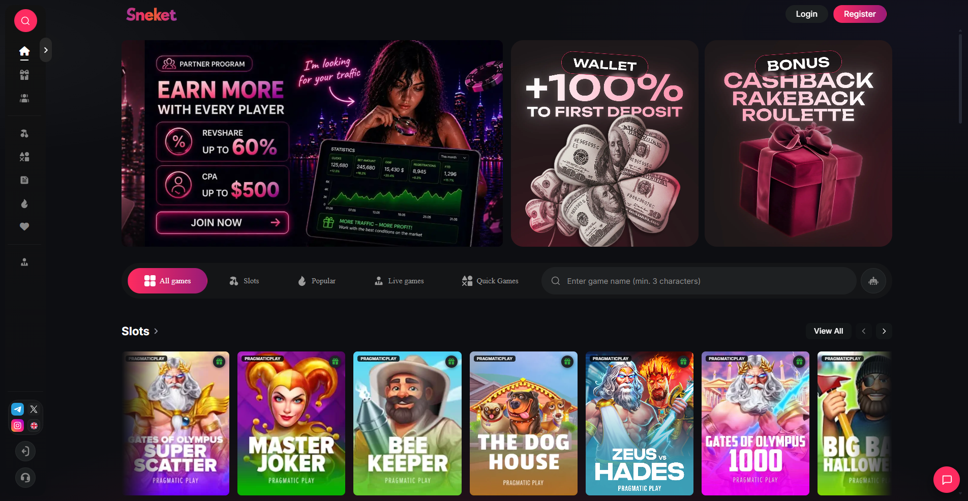 Sneket Casino homepage