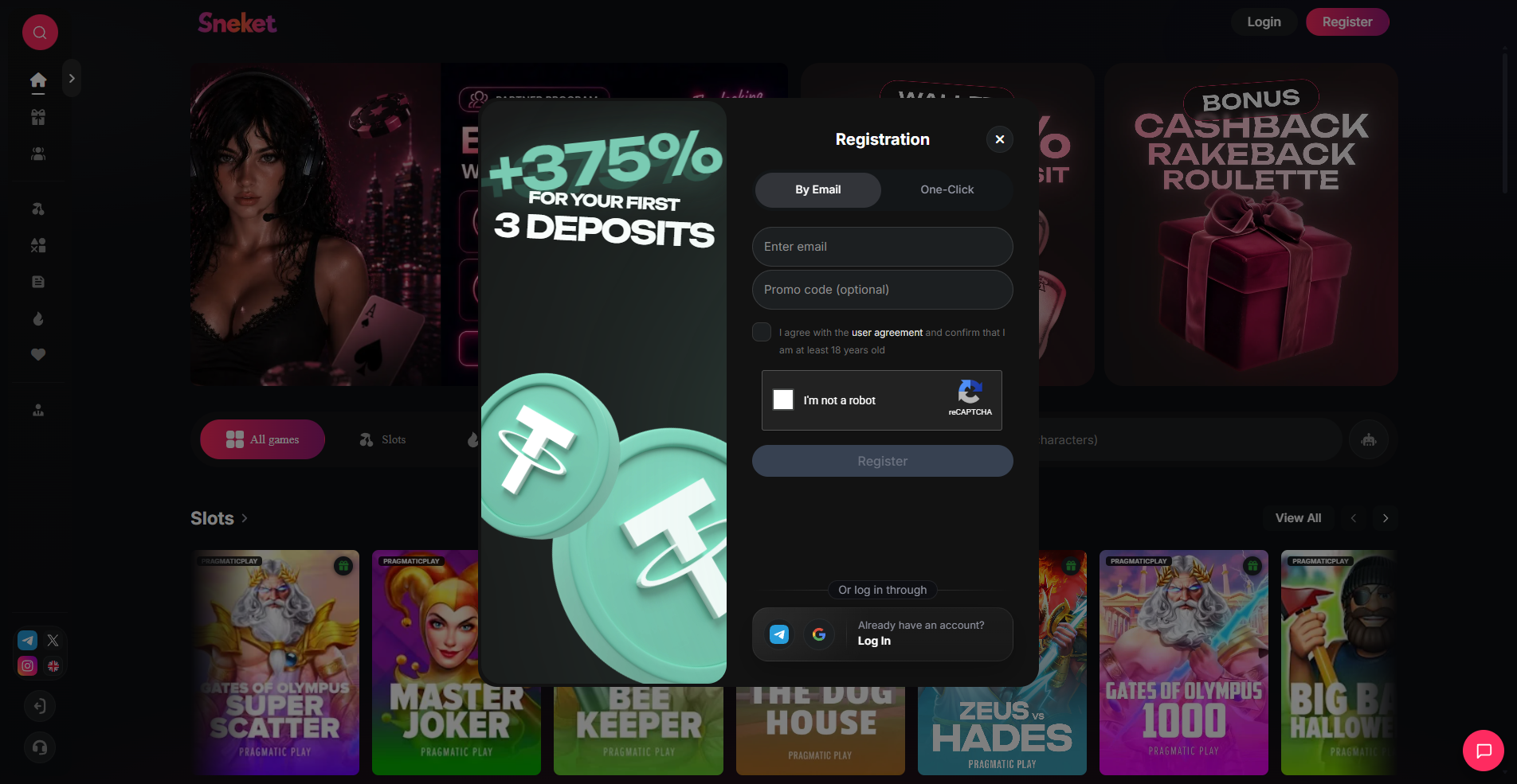 Sneket Casino registration screen